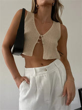 Casual Knitted Summer Autumn Streetwear Party Mini Vest Fashion Sleeveless V-Neck Button Up Crop Top