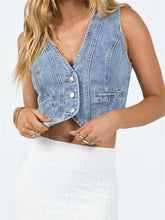 Denim Sleeveless V-neck Summer for Front Buttons Up Irregular Hem Mini Vest Party Clubwear Crop Top