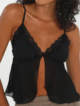 Lace Mesh See Through Patchwork Y2K Retro Sleeveless Strap V-neck Floral Print Front Split Vest Crop Top