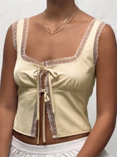 Lace Patchwork Sleeveless Front Split Lace-up Top for Summer Party Clubwear Ruched Slim Fit Vest New Crop Top