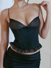 Mesh Sheer See Through Patchwork for V-neck Ruffles Hem Buttons Sleeveless Strap Summer Mini Vests Crop Top