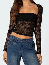 Retro Summer Lace Patchwork Tube with Long Sleeve Shrug Outfits Mesh See Through Tanks Clubwear Crop Top