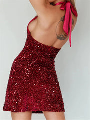 Glitter Halter Party Sequined Tie-Up Mini Dresses