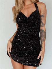 Glitter Halter Party Sequined Tie-Up Mini Dresses
