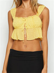 Spaghetti Strap Front Split Lace-up Square Neck Ruched Solid Mini Vest Streetwear Crop Top