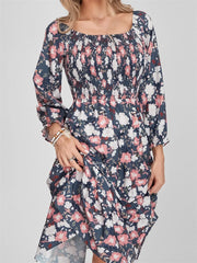 Vintage Bohemian Floral Print Long Sleeve High Waist A-Line Midi Dress