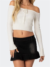 Off-Shoulder Crop Knitwear Solid Color Long Sleeve Tie-up Slim Fit T-shirts