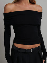 Knitted Ribbed Slash Neck Solid Streetwear T-shirts