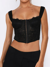 See Through Mesh Sheer Camisoles Lace Slim Fit Low Cut Square Neck Buttons Vest Streetwear Crop Top