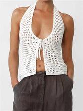 Summer Knitted Deep V-neck Vest Sleeveless Halter Top Backless Tie-up Hollow Out Solid Party Clubwear Crop Top
