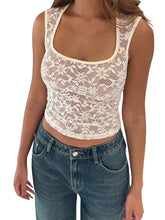 Summer Sleeveless Square Neck Low Cut Mesh See-Through Lace Casual Slim Mini Vest Crop Top