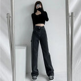 Spring Autumn Irregular High Waist Black Chic Jeans