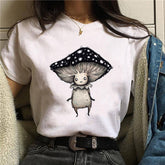 Cute Cartoon Cat Mushroom Print T Shirt