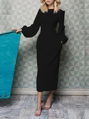 Long sleeve lantern sleeve round collar Pure Elegant Bodycon Dresses