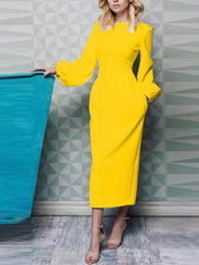 Long sleeve lantern sleeve round collar Pure Elegant Bodycon Dresses