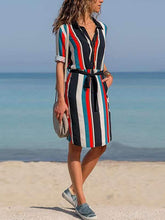 Striped Printed Lapel Lace Up Casual Dress