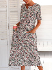 Floral Pockets Midi Dress Summer Short Sleeve Dresses