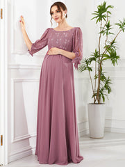 Bowknot Half Sleeves A Line Round Neck Wholesale Maternity Dresses