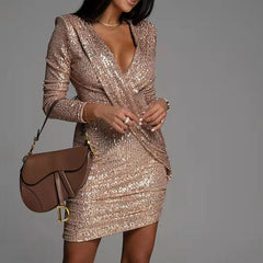 Elegant Deep V-Neck Sequin Mini Dress Long Sleeve Party Dress