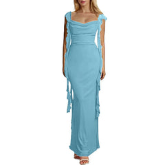 Elegant Ruffles Long Maxi Square Collar Backless Sleeveless Fashion Slim Fit Wedding Party Dress