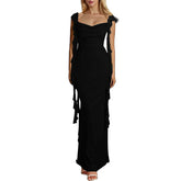 Elegant Ruffles Long Maxi Square Collar Backless Sleeveless Fashion Slim Fit Wedding Party Dress