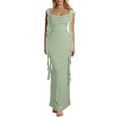 Elegant Ruffles Long Maxi Square Collar Backless Sleeveless Fashion Slim Fit Wedding Party Dress