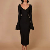 Elegant Solid Color O Neck Flare Sleeve Lace-up Ruffles Maxi Dress