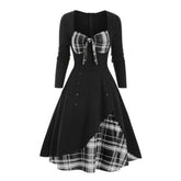 Elegant Vintage Long Sleeve Slim Dress V-Neck Lace-up Neckline Fashion Christmas Party