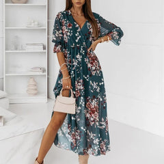 Elegant Loose V Neck Floral Dress