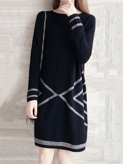Geometric Printed Long Sleeve Knitted Dress