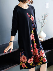Floral Printed Long Sleeve Knitted Dress
