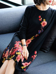 Floral Printed Long Sleeve Knitted Dress