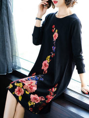 Floral Printed Long Sleeve Knitted Dress