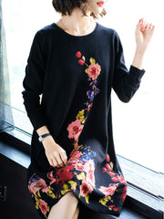 Floral Printed Long Sleeve Knitted Dress