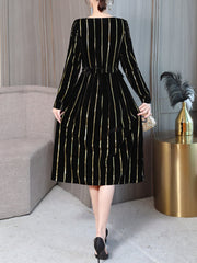 Gold Striped Long Sleeve Elegant Dress