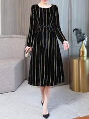 Gold Striped Long Sleeve Elegant Dress