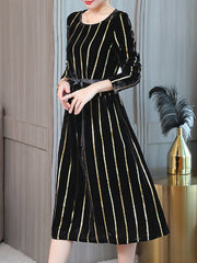 Gold Striped Long Sleeve Elegant Dress