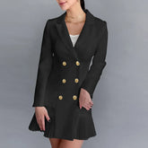 Office Elegant Runway Designer Fashion Double Breasted Notched Collar A Line Long Sleeve Dress