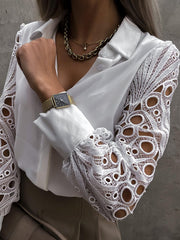Fashion Solid Satin Lace Turn Down Neck Blouses