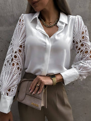 Fashion Solid Satin Lace Turn Down Neck Blouses