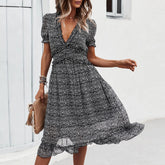 Summer Short Sleeve V-Neck Flowy Chic Party Beach Midi Dress