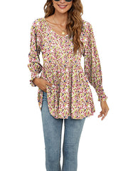 Floral Printed Puff Sleeve Long Sleeve Tunic T-Shirts