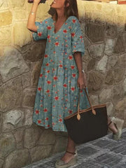 Floral printed half sleeve women fashion v neck maxi dresses