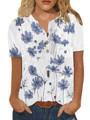 Flower Gradient Tops Button V Neck Short Sleeve Shirts Casual Blouses