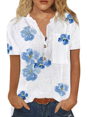 Flower Gradient Tops Button V Neck Short Sleeve Shirts Casual Blouses