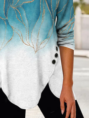 Gradient Irregular Hem Button Women Loose Tunic Top Long Sleeve T-shirts
