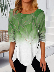 Gradient Irregular Hem Button Women Loose Tunic Top Long Sleeve T-shirts