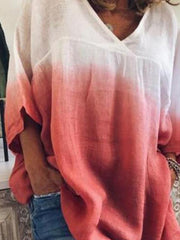Gradient print fashion V neck loose casual middle sleeve T-shirts Blouses