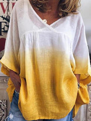 Gradient print fashion V neck loose casual middle sleeve T-shirts Blouses