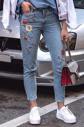 Flower Embroidery High Waist Jeans Blue